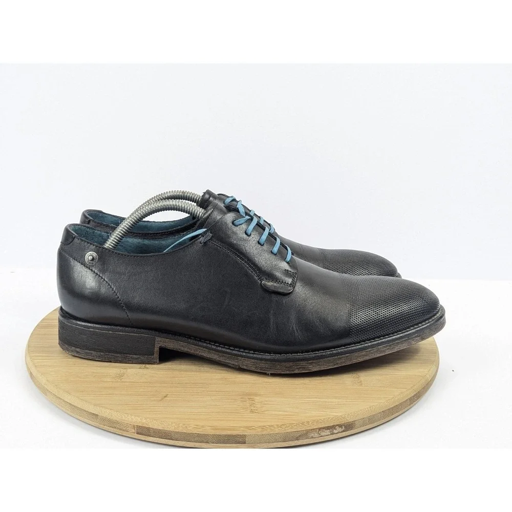 Diesel Mens 9 Black Leather Derby Shoes Textured Cap Toe Blue Laces